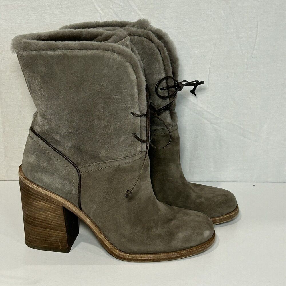 UGG Jerene Womens Size 8 Gray Grey Suede Lace up Sheepskin Lined Heeled Boots